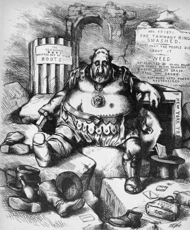 Caricature de Thomas Nast représentant un boss Tweed vaincu en novembre 1871